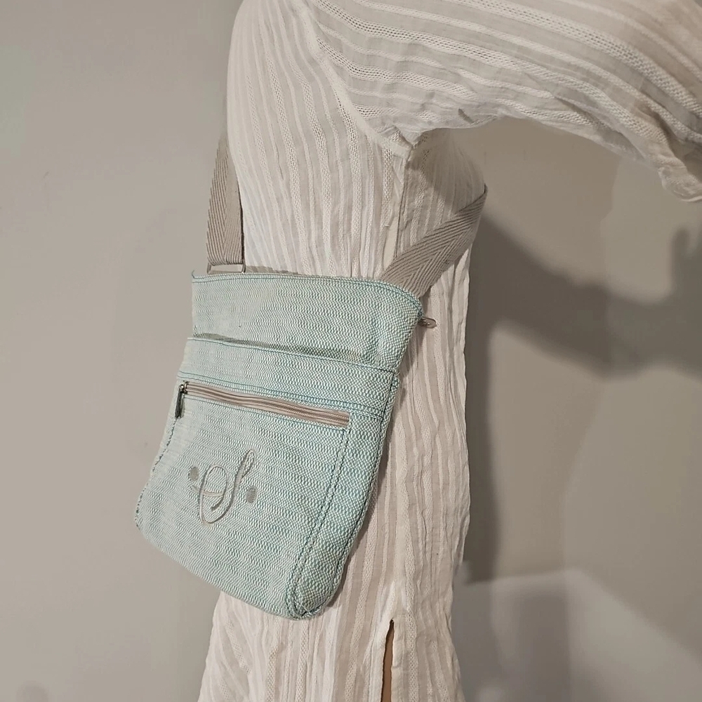 Thirty-One Crossbody Bag Medium Mint Green & Gray Monogram S VGUC 54" Strap - Picture 1 of 16